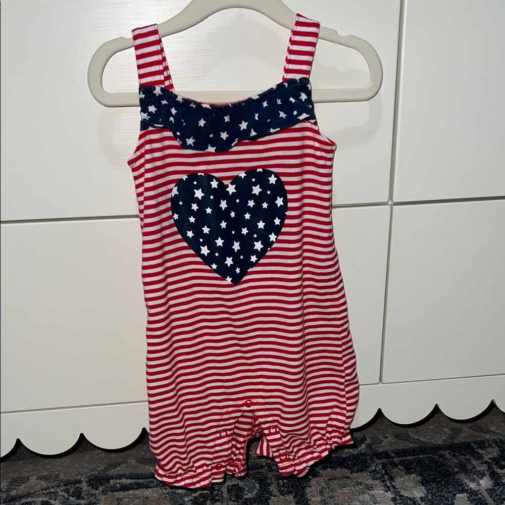 Celebrate Patriotic Red and Blue Striped Romper with Heart Design